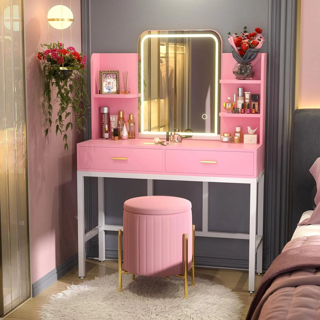 Cyclysio Makeup Vanity Desk With LED Mirror, 2 Drawers And 5 Open Shelves