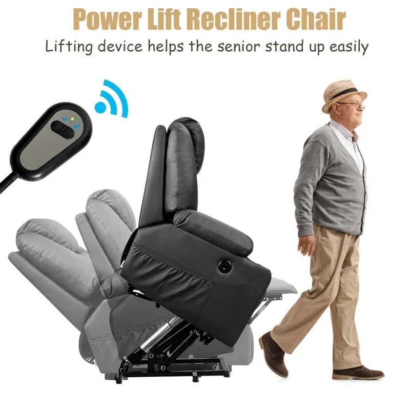 Electric Power Lift Recliner Chair With Leather Massage, Lumbar Heating, 8 Vibrating Nodes, Cup Holders And USB Port