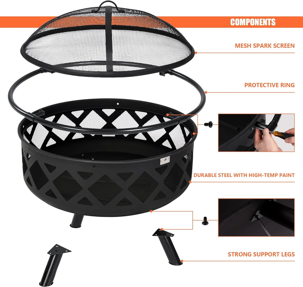 SUNCREAT 42-Inch Wood Burning Patio Fire Pit, Black, 42.1 Inch Diameter x 25.2 Inch High