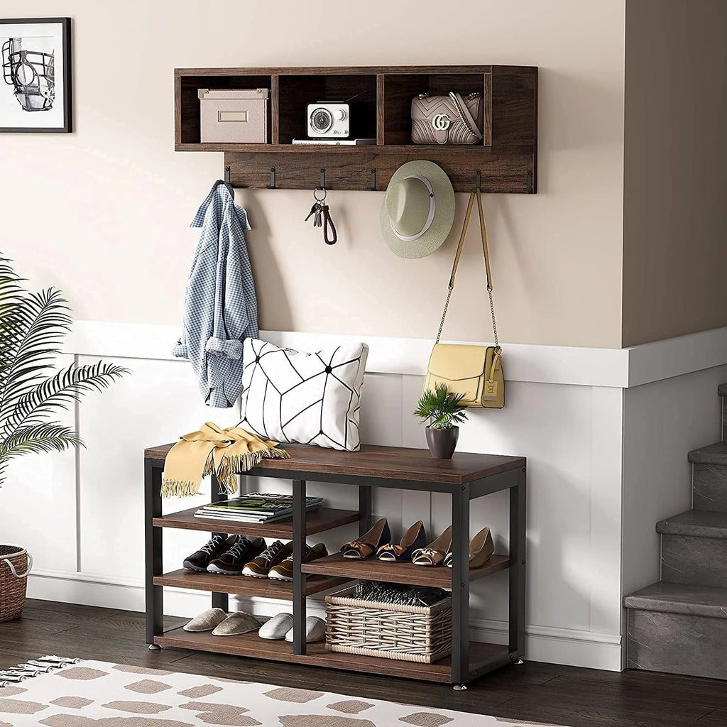 5-in-1 Entryway Hall Tree With Coat Rack, Shoe Bench, 7 Hooks, 3 Cubbies And 3-Tier Shoe Rack