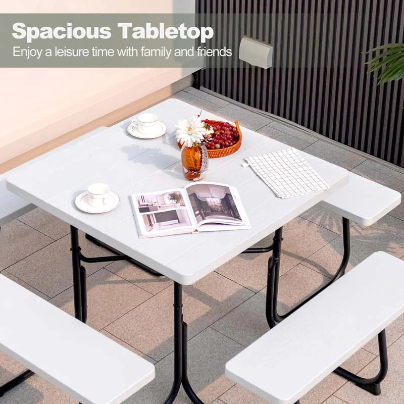 8-Person Outdoor HDPE Square Picnic Table And Bench Set, 67in x 67in x 30in, Metal Frame