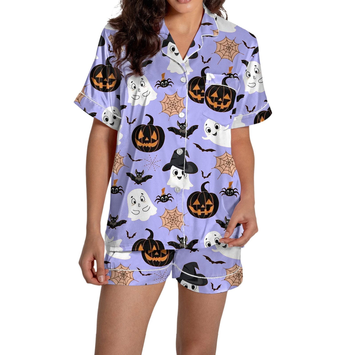ChenYiFH Halloween Pajama Sets For Women 2 Piece Pumpkin Print Shirts And Pajamas Shorts Button Down Short Sleeve Sleepwear Black S