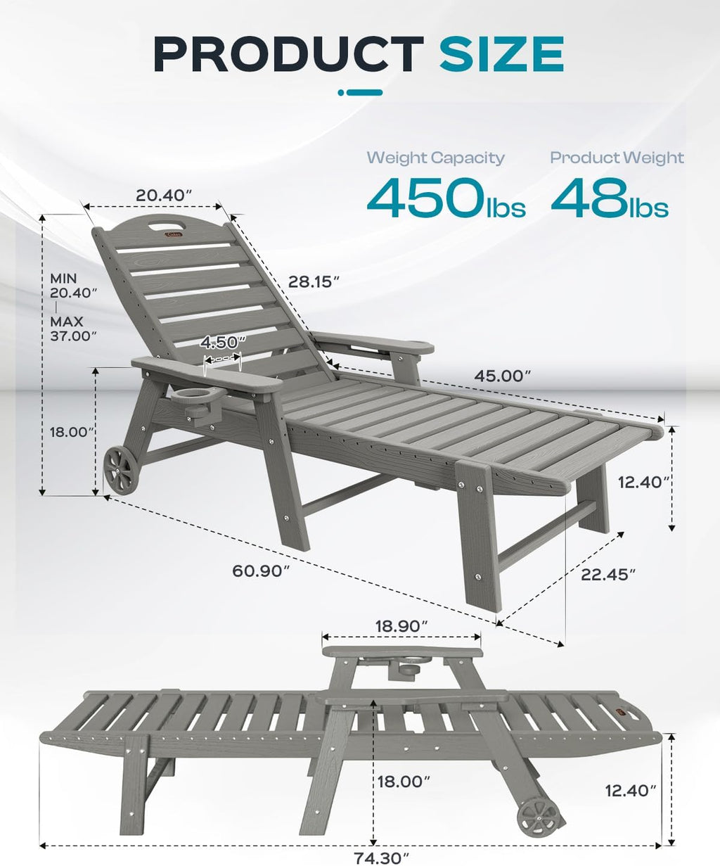 Ciokea Outdoor Oversized HDPE Chaise Lounge Chair With Wheels, Cup Holder And 5 Positions