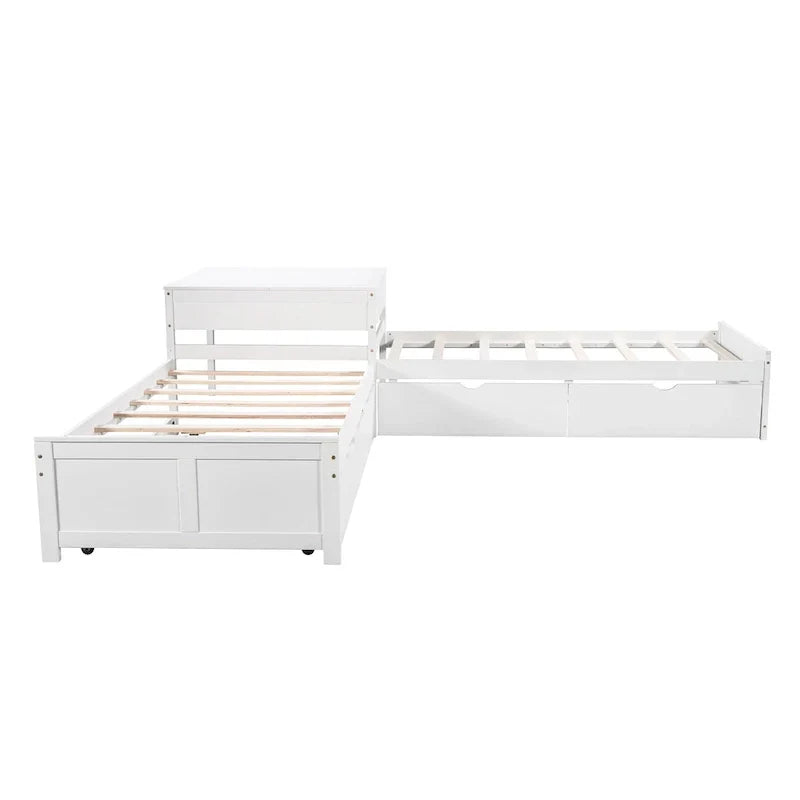 White Twin Size L-Shaped Platform Bed With Trundle And 2 Drawers