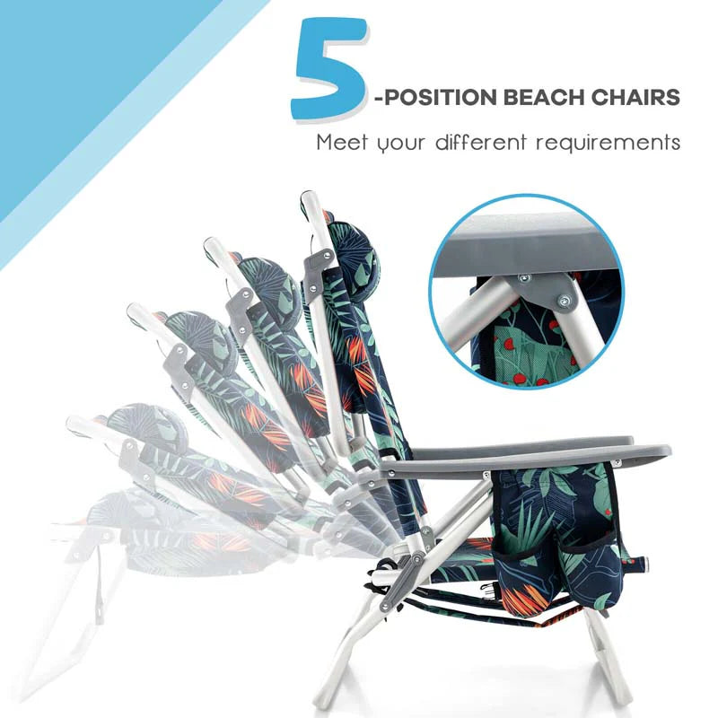 2-Pack 5-Position Outdoor Folding Backpack Beach Chairs With Side Table Set