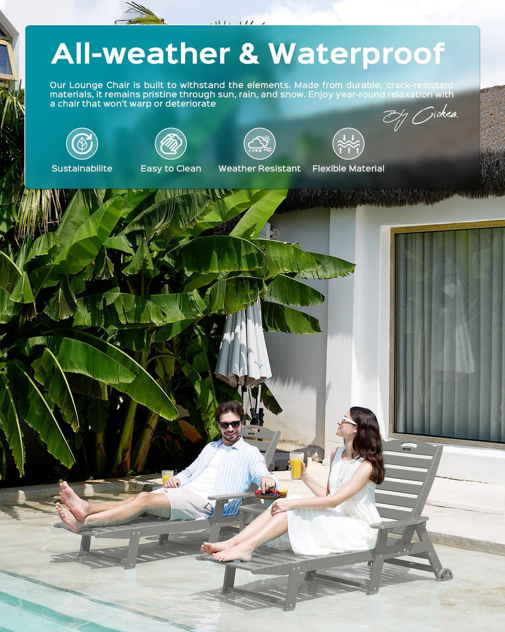 Ciokea Outdoor Oversized HDPE Chaise Lounge Chair With Wheels, Cup Holder And 5 Positions