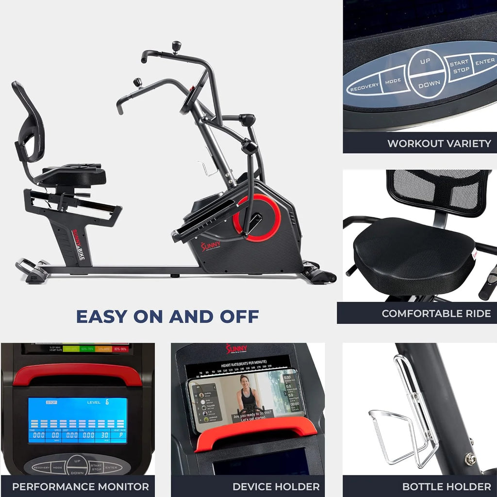 Sunny Health & Fitness Recumbent Cross Trainer Exercise Bike, Black, 71.7 x 33.3 x 50.8 in
