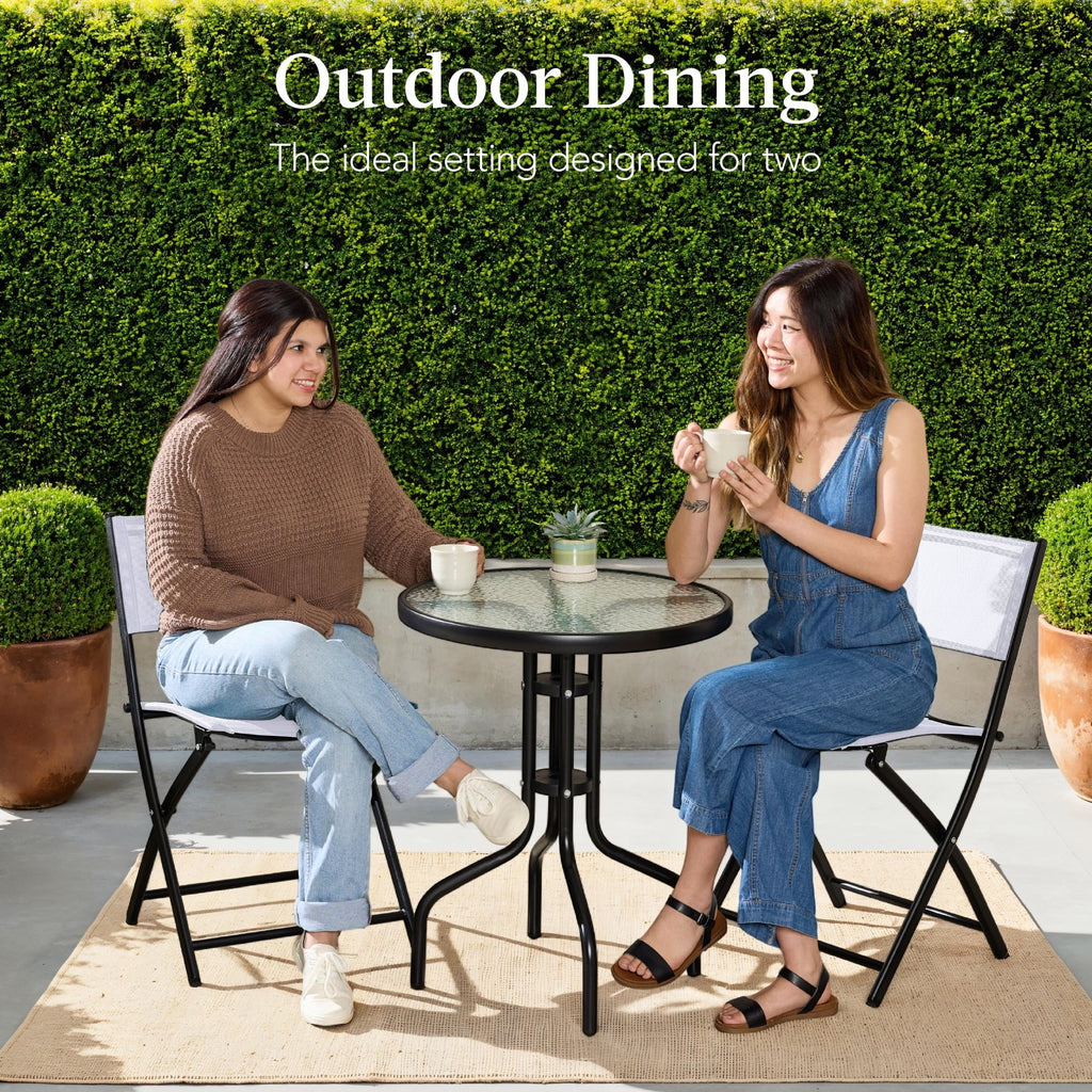 Best Choice Products 3-Piece Patio Bistro Dining Set With Glass Tabletop And Folding Chairs - Gray