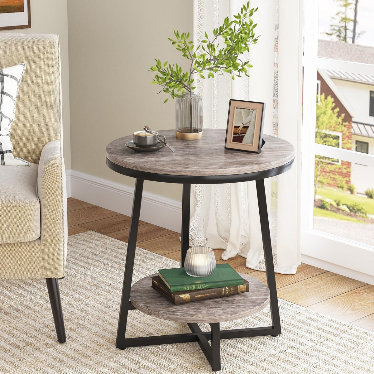 Industrial Round End Table With 2-Tier Storage