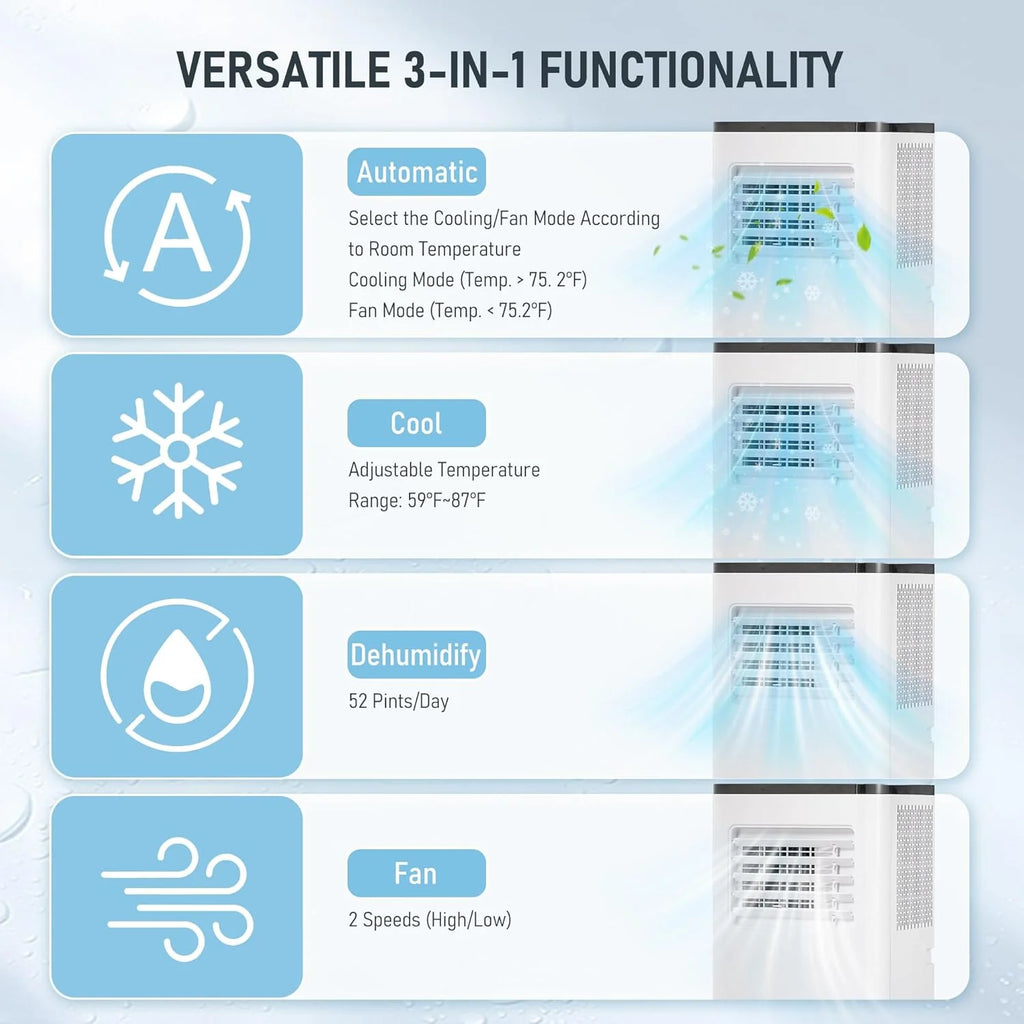 Portable Air Conditioner, 10000 BTU 3-in-1 Cooling, Dehumidifier And Fan - White