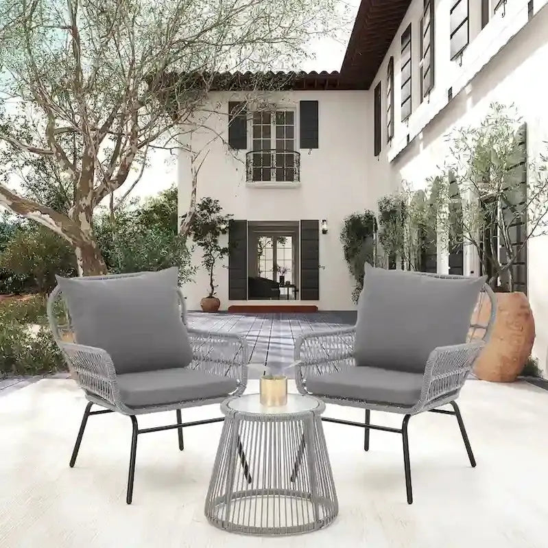 3-Piece Outdoor Rattan Bistro Set With Glass-Top Table, Wide-Arm Chairs And Seat Cushions