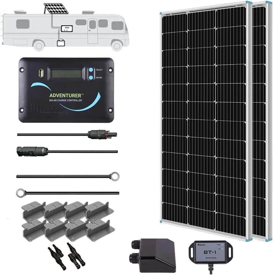 Renogy 200 Watts 12 Volts Monocrystalline RV Solar Panel Kit With Adventurer 30A LCD PWM Charge Controller - rv200wadv-30a