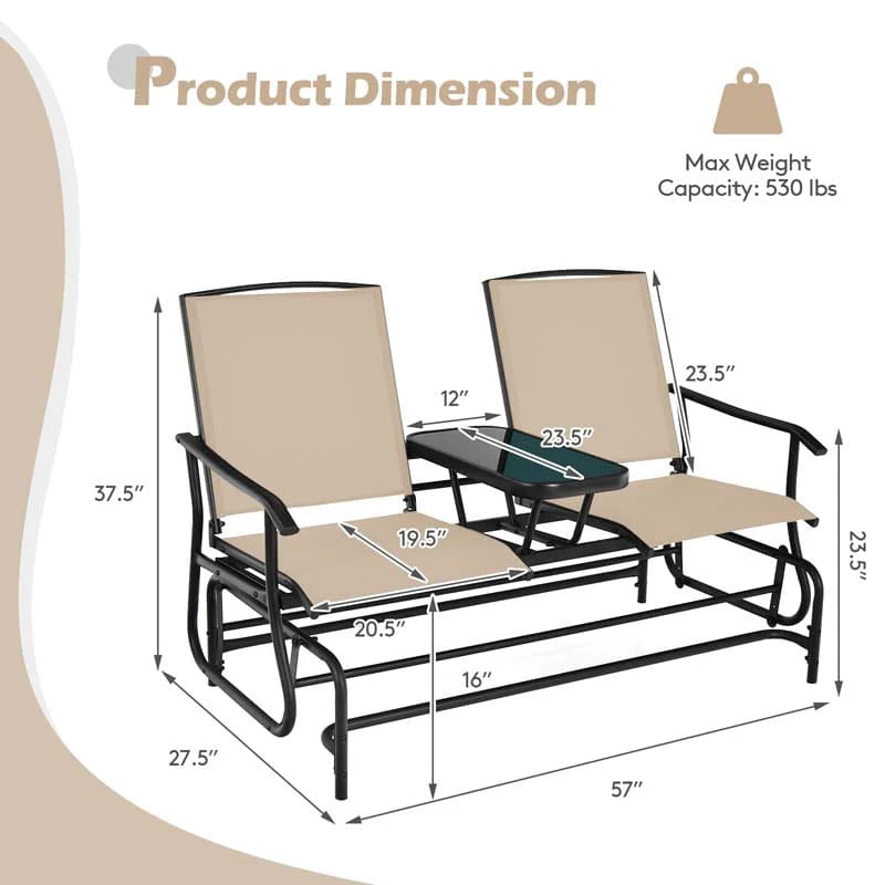 2-Person Outdoor Bench Glider Chair With Center Table, Mesh Fabric, 57 x 28 x 38 in