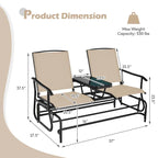 2-Person Outdoor Bench Glider Chair With Center Table, Mesh Fabric, 57 x 28 x 38 in