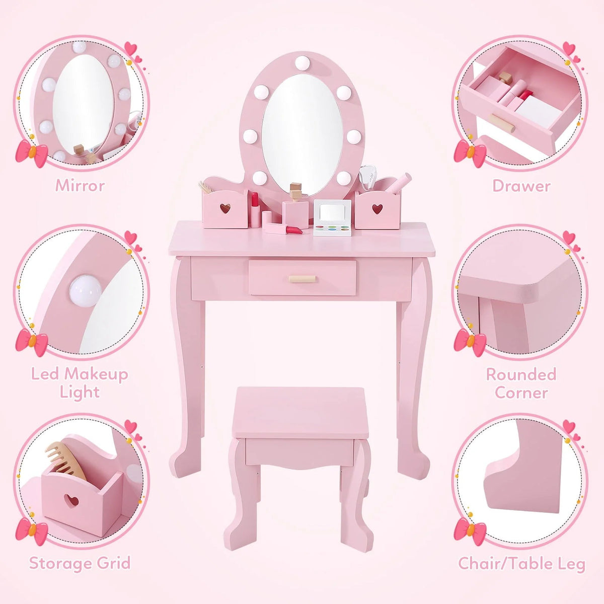 Kids Wood Vanity Table And Chair Set With Lights, Mirror, Drawer And Stool