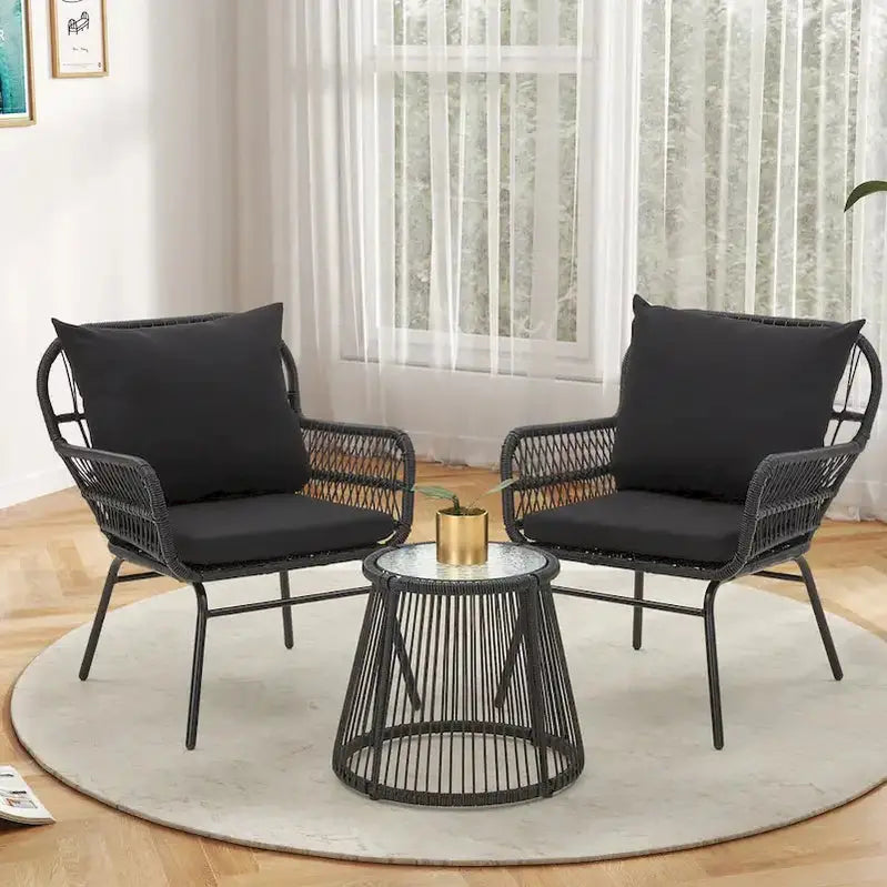 3-Piece Outdoor Rattan Bistro Set With Glass-Top Table, Wide-Arm Chairs And Seat Cushions