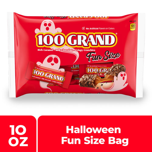 100 Grand Fun Size Halloween Chocolate Candy Bars, Halloween Candy Bulk, Crispy Crunchies and Milk Chocolate with Rich Caramel, 10 oz