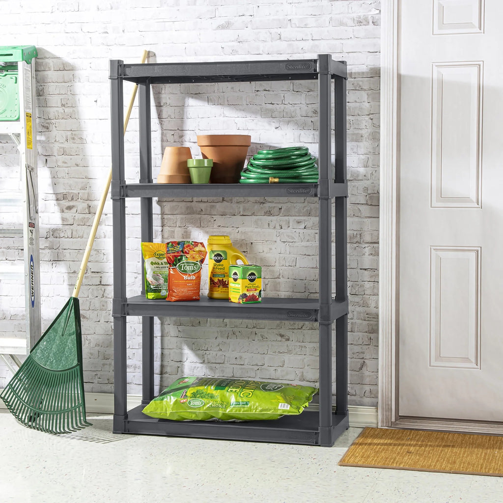 Sterilite Plastic Indoor Outdoor 4-Shelf Shelving Unit, Flat Gray, 3 Pack