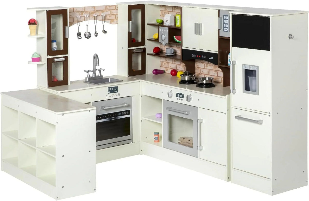 BRINJOY 3-Piece Wooden Kids Play Kitchen Set With Light and Sound - White and Coffee