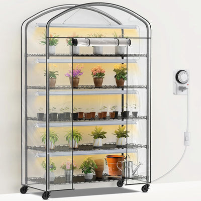 Abimars 5-Tier Greenhouse With PVC Cover, Wheels And 5-Pack 2900K Full Spectrum Plant Lights, 21x49x80inch
