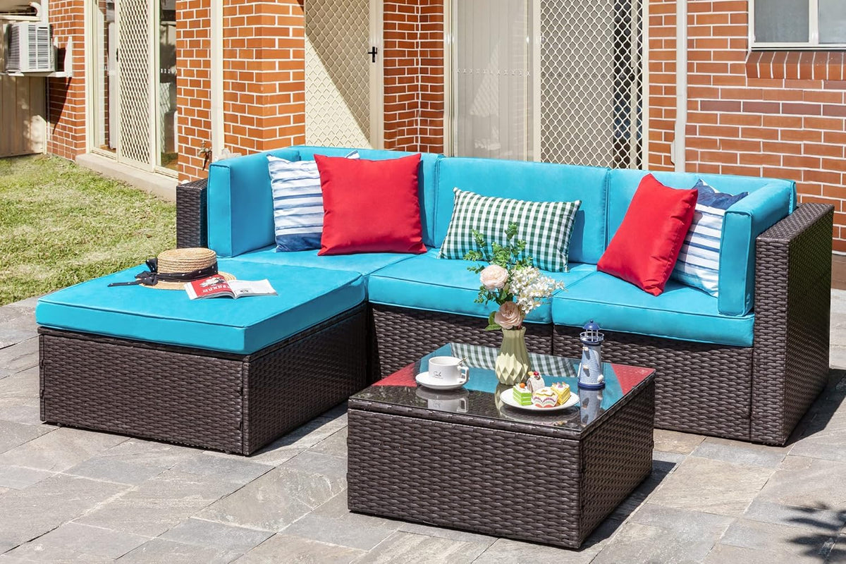 5-Piece All-Weather Wicker Patio Conversation Set With Ottoman And Cushions