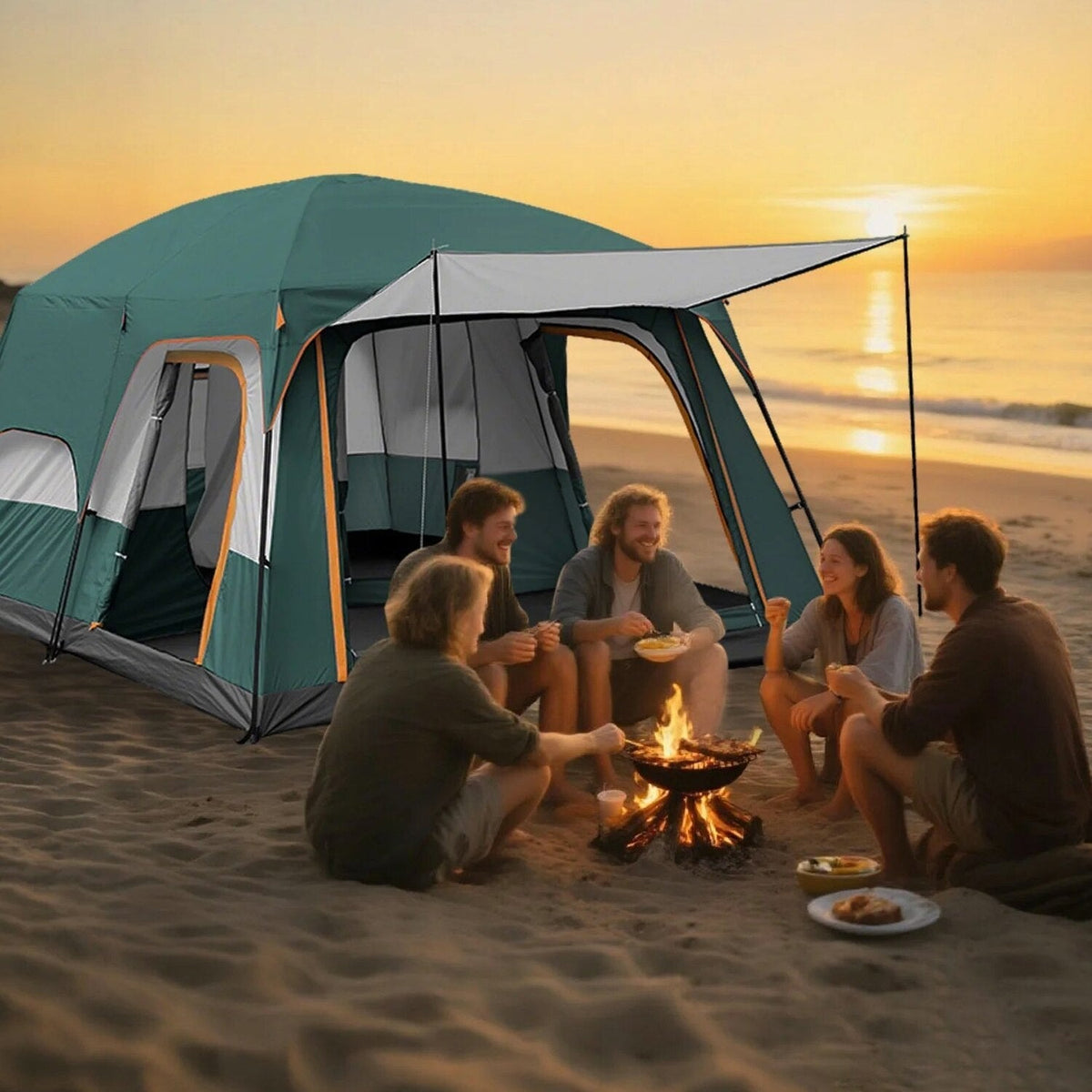 KFeng 12 Person Camping Tent, 2 Rooms, 3 Mesh Doors, 3 Mesh Windows, Brown