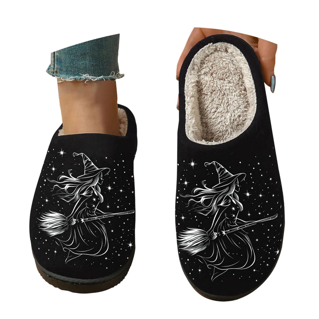 PMVFHDE Halloween Fuzzy Winter Ons Witch Print Flat Indoor Footwear For Home Sole Warm Comfortable Women’s Shoes Black - 10