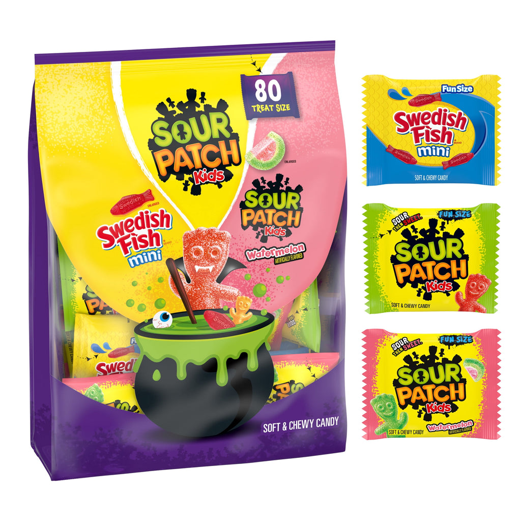 SOUR PATCH KIDS & SWEDISH FISH Mini Soft & Chewy Gummy Halloween Candy Variety Pack, 80 count