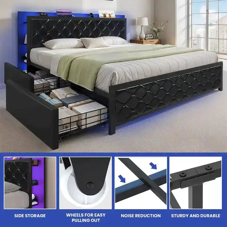 Moasis Queen Platform Bed Frame With PU Upholstery, LED Lighting And 4 Storage Drawers