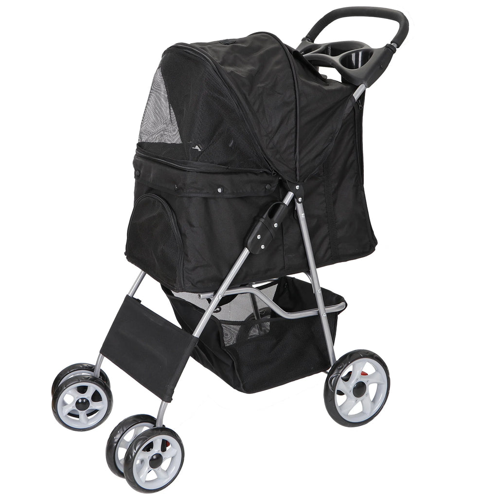 HomGarden 4 Wheel Foldable Pet Stroller Carrier Cart With Storage Basket And Cup Holder - Black