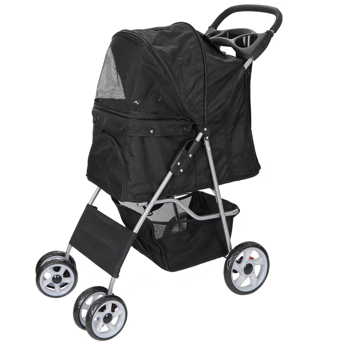 HomGarden 4 Wheel Foldable Pet Stroller Carrier Cart With Storage Basket And Cup Holder - Black