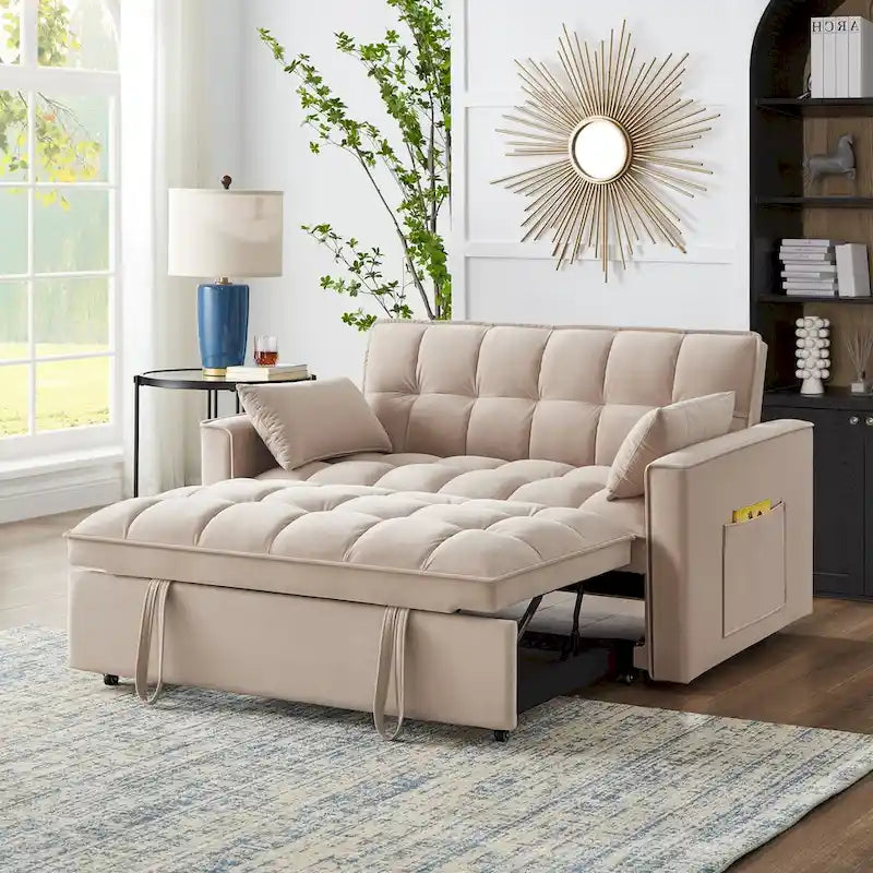 4-in-1 Velvet Pull-Out Sleeper Sofa Bed Loveseat With Reclining Backrest And 2 Side Pockets