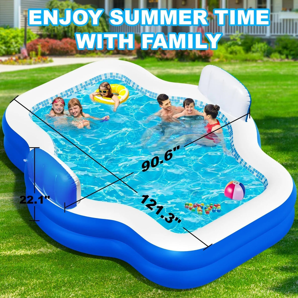 Family Inflatable Swimming Pool 121 x 90 x 22 in With Electric Pump, 2 Seats And 2 Headrests