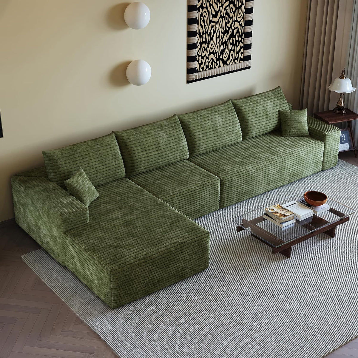 Oversized 135in 3-Piece Corduroy Upholstered Sectional Sofa With Deep Seat - Full Foam