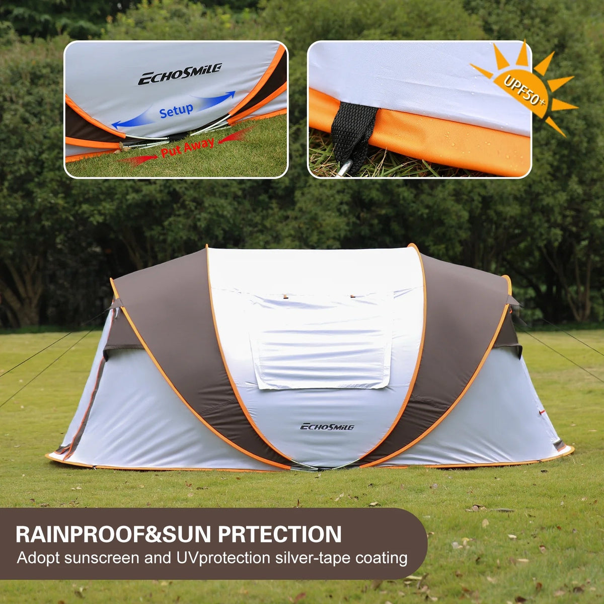 6 Person Instant Cabin Pop Up Tent, White + Orange, 10 Second Setup
