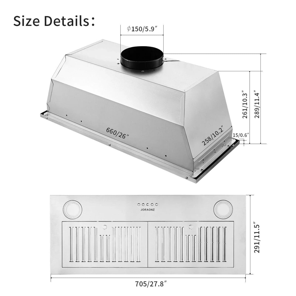 Zomagas Built-In Range Hood 30 inch 600 CFM Brushed Stainless Steel With LED Lights