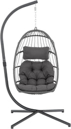 Yechen Indoor Outdoor Wicker Hanging Egg Chair With Stand, 38 x 38 x 78 Inches, 350 lbs, Charcoal Grey - EG-001