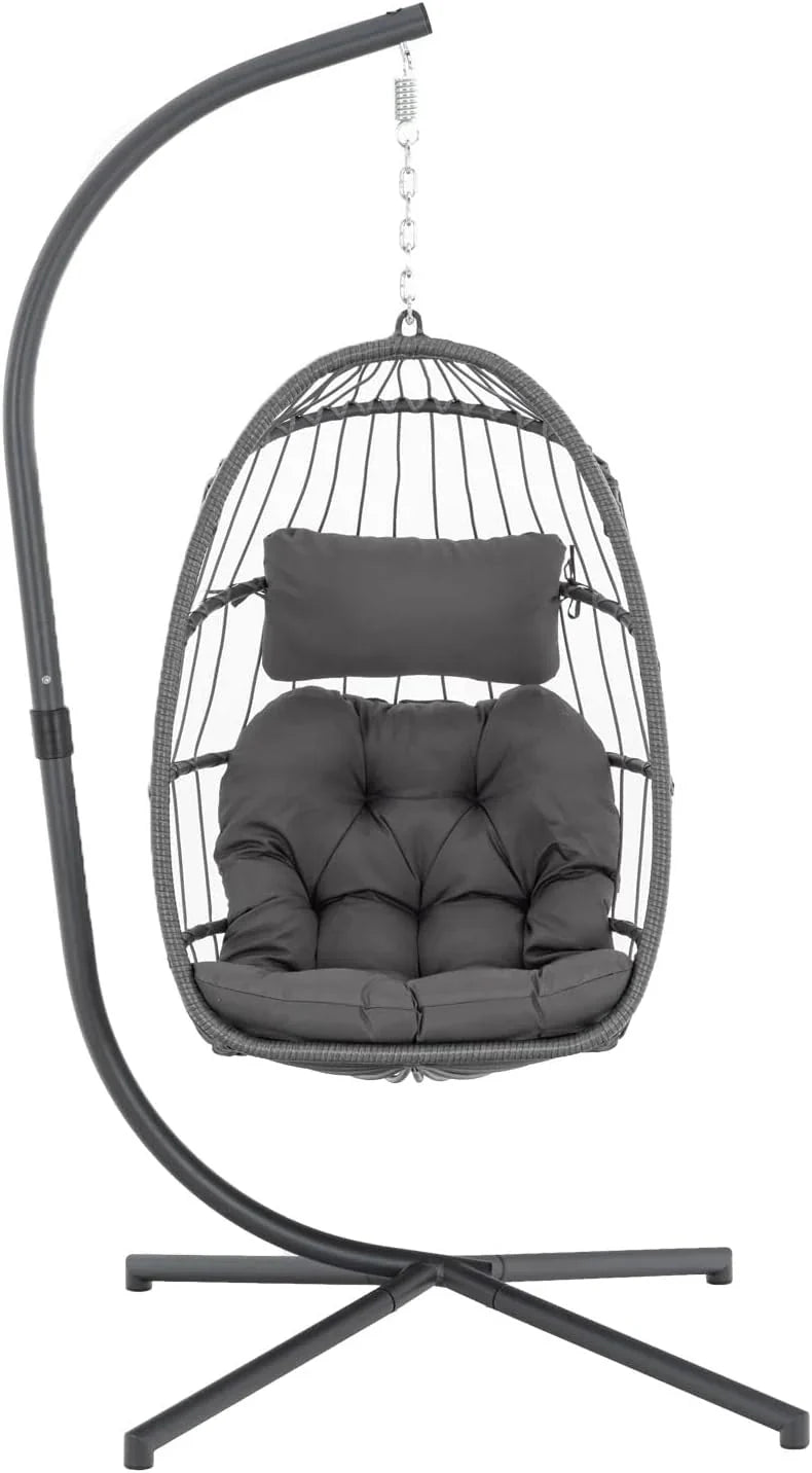 Yechen Indoor Outdoor Wicker Hanging Egg Chair With Stand, 38 x 38 x 78 Inches, 350 lbs, Charcoal Grey - EG-001