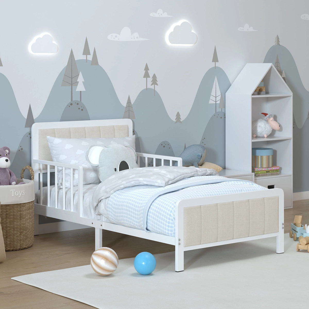 Yoneston Toddler Metal Platform Bed Frame With Guardrails And Upholstered Headboard - White
