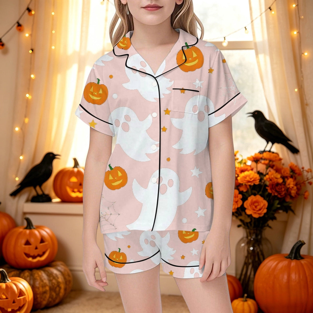 CUZIBR Girls Halloween Pajamas Sets Soft Comfortable Ghost Pumpkin Lapel Button Short Sleeve Shirt Elastic Waist Shorts 2 Pieces Sleep Loungewear Relaxed Sleepwear Outfits, Orange-C