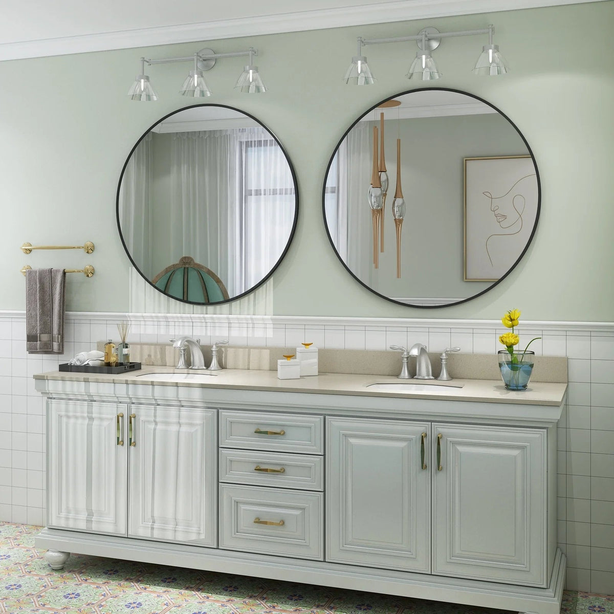 Round Metal Black Frame Bathroom Vanity Mirror - Wall Mounted