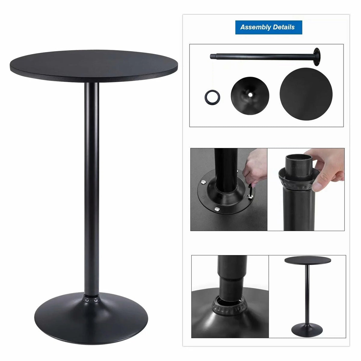 Round Bar-Height Bistro Pub Table With Metal Base And MDF Top, 23.8 x 23.8 x 39.5 Inch