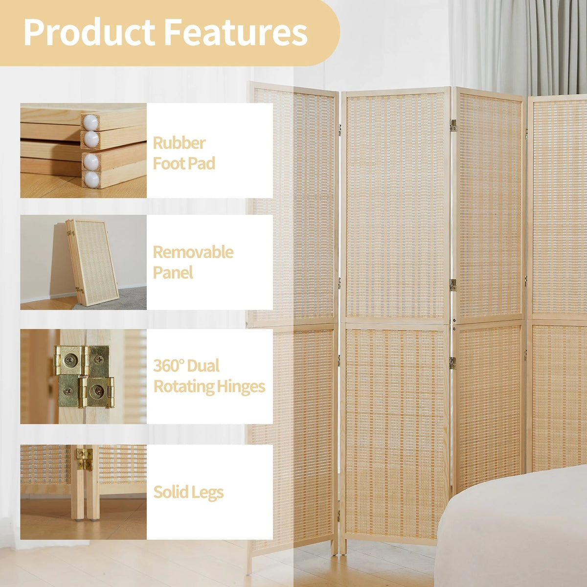 Bamboo 4-Panel Folding Room Divider, 6FT