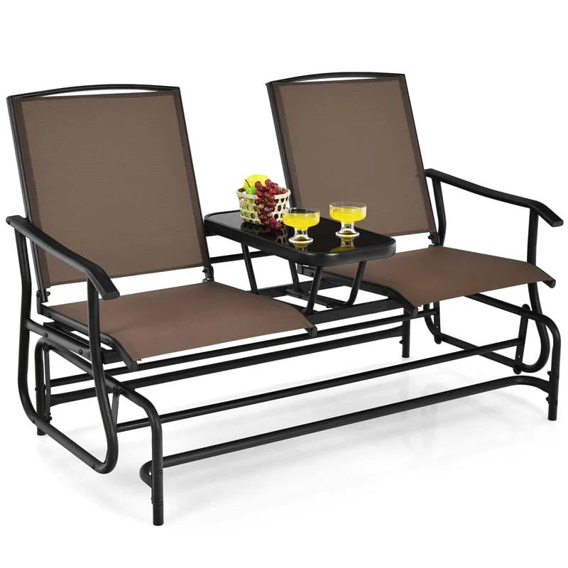 2-Person Outdoor Bench Glider Chair With Center Table, Mesh Fabric, 57 x 28 x 38 in