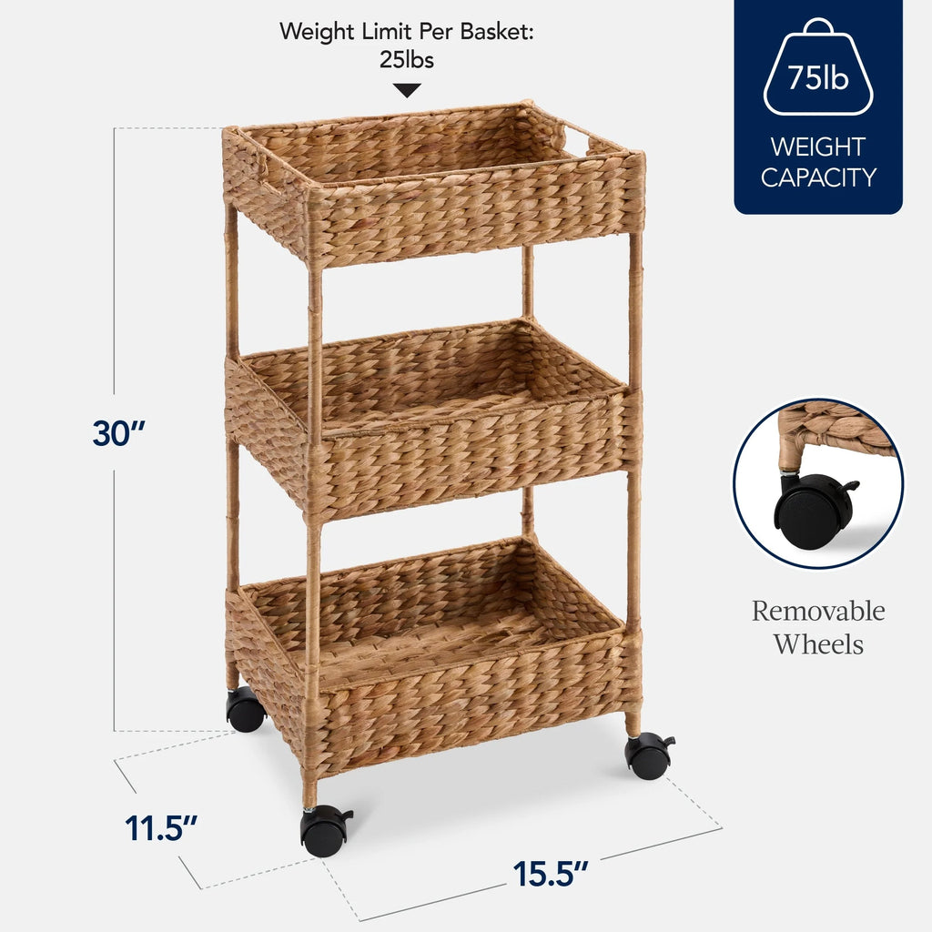Best Choice Products 3-Tier Water Hyacinth Rolling Utility Cart, 15.5 x 11.5 x 30in