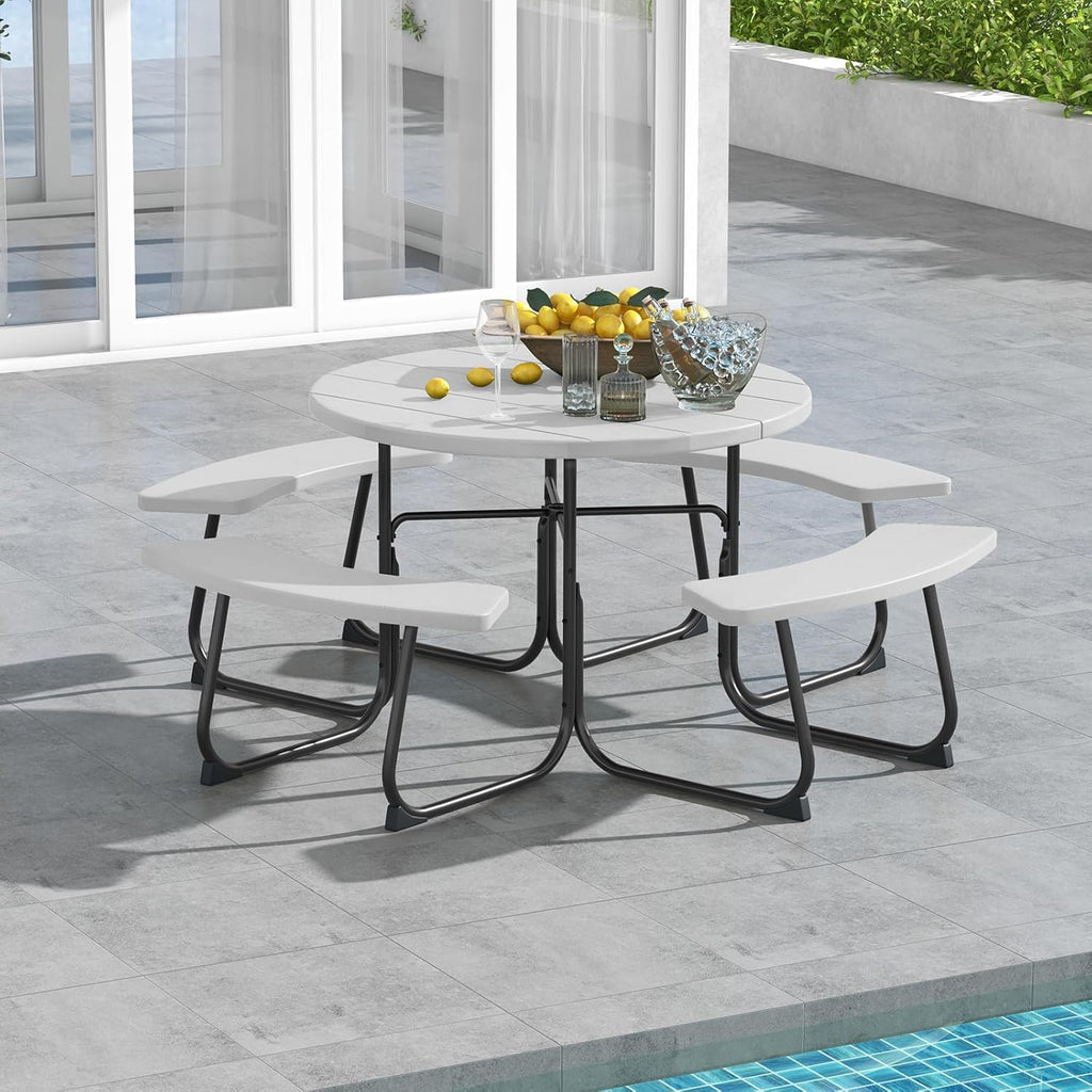 Giantex Round Outdoor Picnic Table And Bench Set, 43in, White, Up To 8 Persons