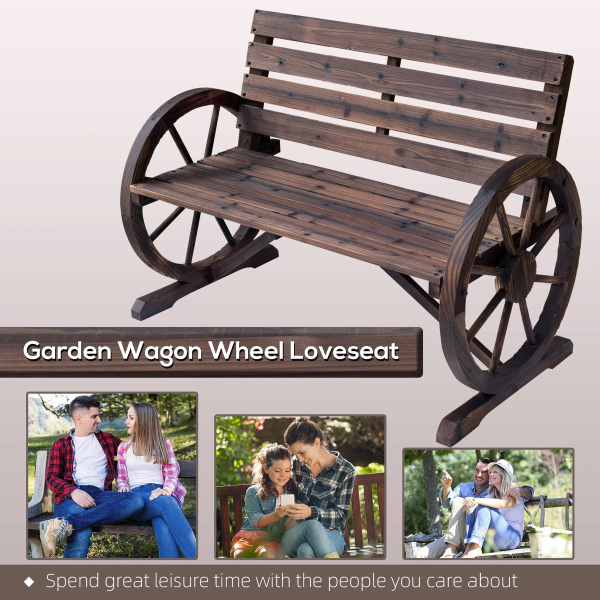 Outsunny Wooden Wagon Wheel Bench, 2-Person, Fir Wood, Carbonized, 41.5in L x 23.25in W x 29.5in H - 84B-183