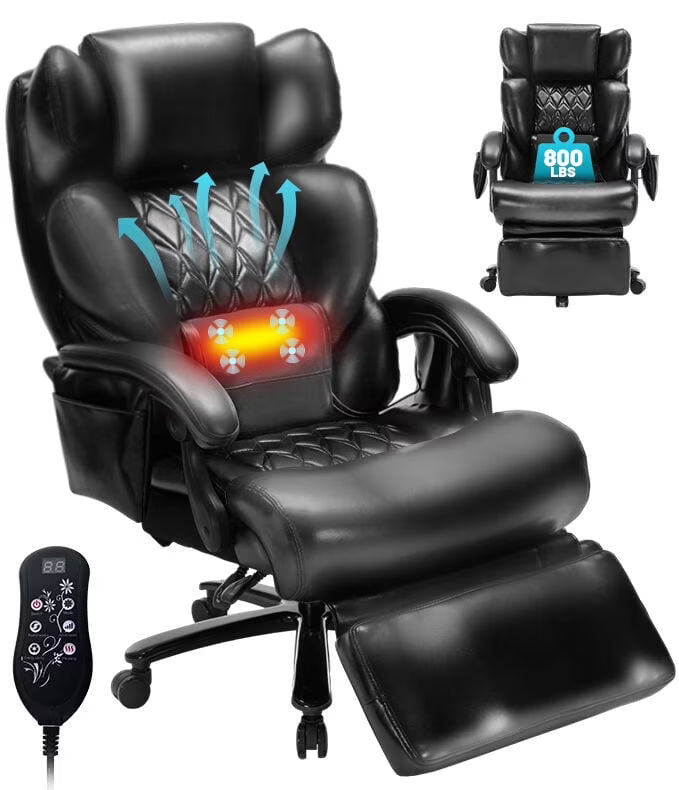Big And Tall Executive Office Chair, 800 Lbs, 8-Node Massage, Heat, PU Leather, Adjustable Footrest
