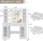 Makeup Vanity Desk With Mirror, LED Lights, Glass Top, 3 Drawers And 2 RGB Glass Cabinets, White