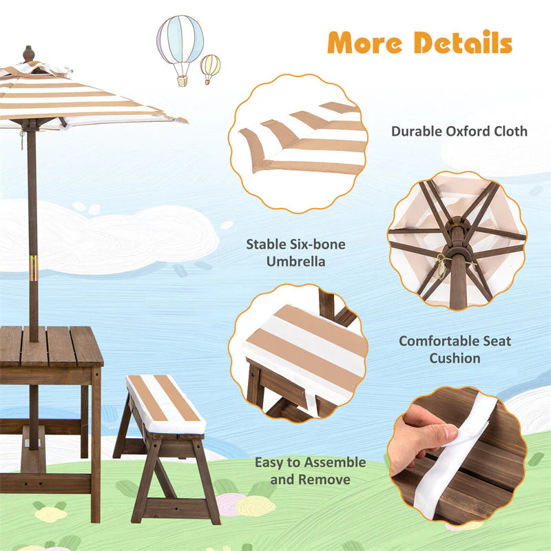 Wooden Kids Picnic Table Bench Set With Cushions And Height-Adjustable Umbrella - 35 in